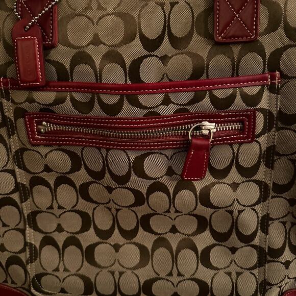 Vintage Coach brown canvas tote w deep red leather details - Picture 6 of 15